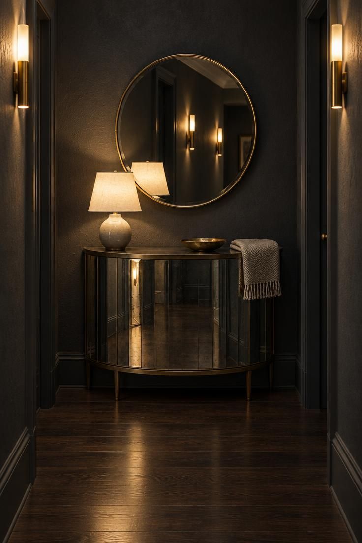 12 Dark Grey Hallway Ideas That Give a Shadowy Hall Depth 6 A charcoal hallway end with a semi-circular mirrored console, a cream-shaded ceramic lamp, and a round beveled mirror reflecting brass wall sconces, on dark stained wood flooring.