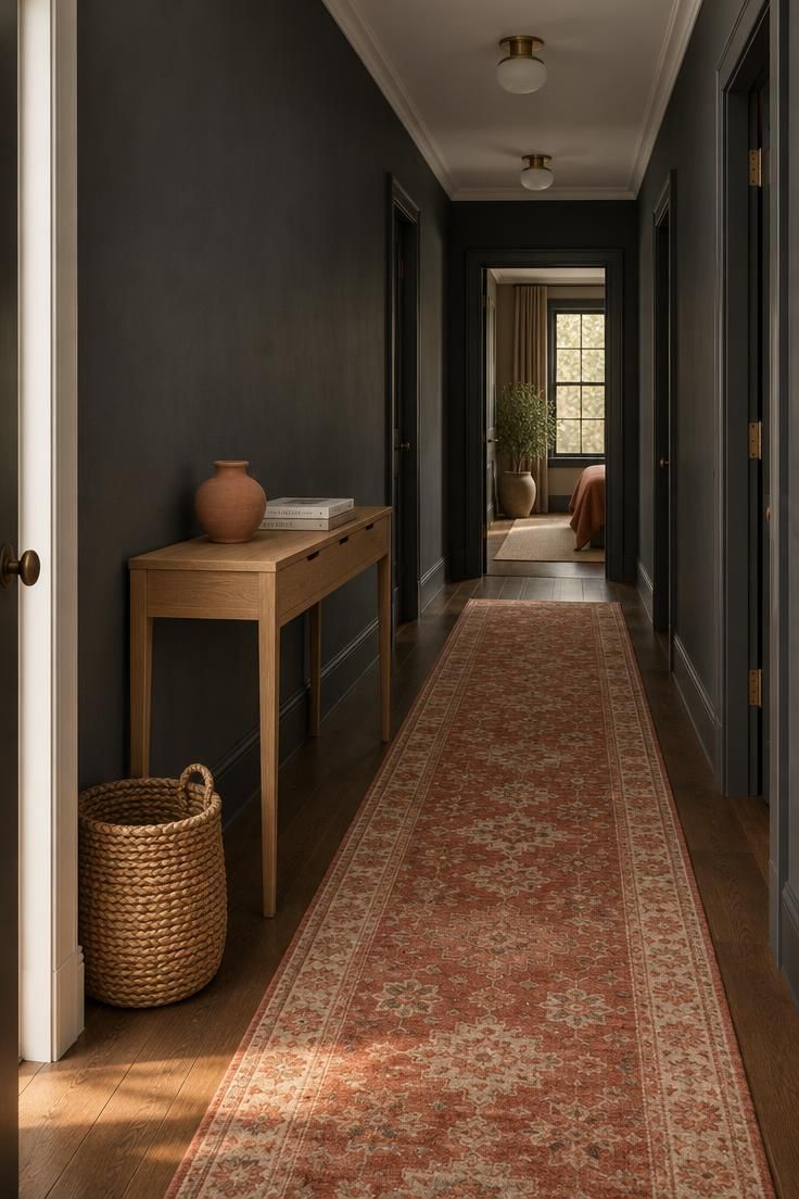 12 Dark Grey Hallway Ideas That Give a Shadowy Hall Depth 7 A cool charcoal hallway with a washed terracotta and cream runner, a shallow oak console holding an unglazed clay vessel, and a woven jute basket on the floor near a doorway.