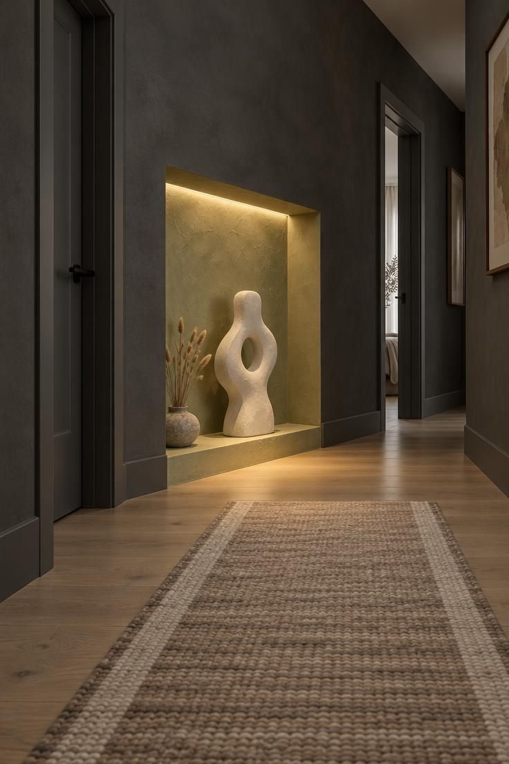 12 Dark Grey Hallway Ideas That Give a Shadowy Hall Depth 8 A low-angle view of a dark grey hallway with a shallow lime plaster floor niche holding an ivory plaster sculpture, warmed by a hidden LED strip, above a taupe and cream wool runner.