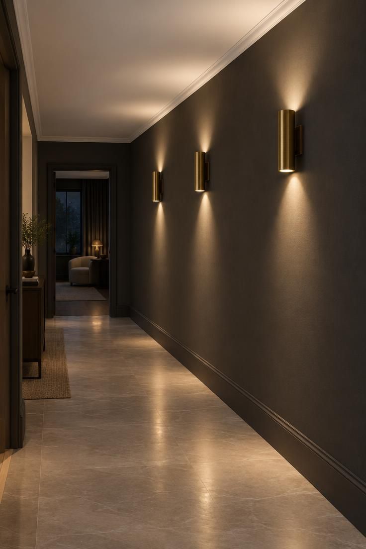 12 Dark Grey Hallway Ideas That Give a Shadowy Hall Depth 9 A corridor with dark grey walls and a bright white ceiling, three cylindrical brass up-down wall lights in a row casting warm cones upward and smaller pools downward onto a pale stone-look tiled floor.