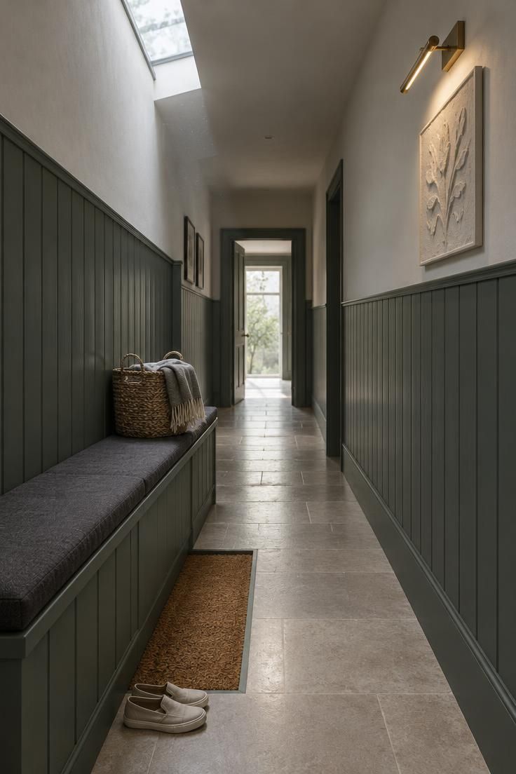 12 Dark Grey Hallway Ideas That Give a Shadowy Hall Depth 10 A deep green-grey hallway with vertical tongue-and-groove paneling on the lower walls, a built-in bench with a charcoal linen cushion, a recessed coir mat below, and a brass picture light washing a plaster relief panel above the bench.