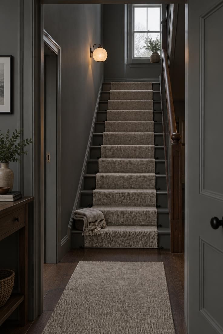 12 Dark Grey Hallway Ideas That Give a Shadowy Hall Depth 11 A dark grey stair-adjacent hallway with the same paint continuing up the stairwell wall, a heathered oatmeal wool runner climbing the steps on black rods, and a paper-shaded wall light at the mid-landing under cool overcast daylight.