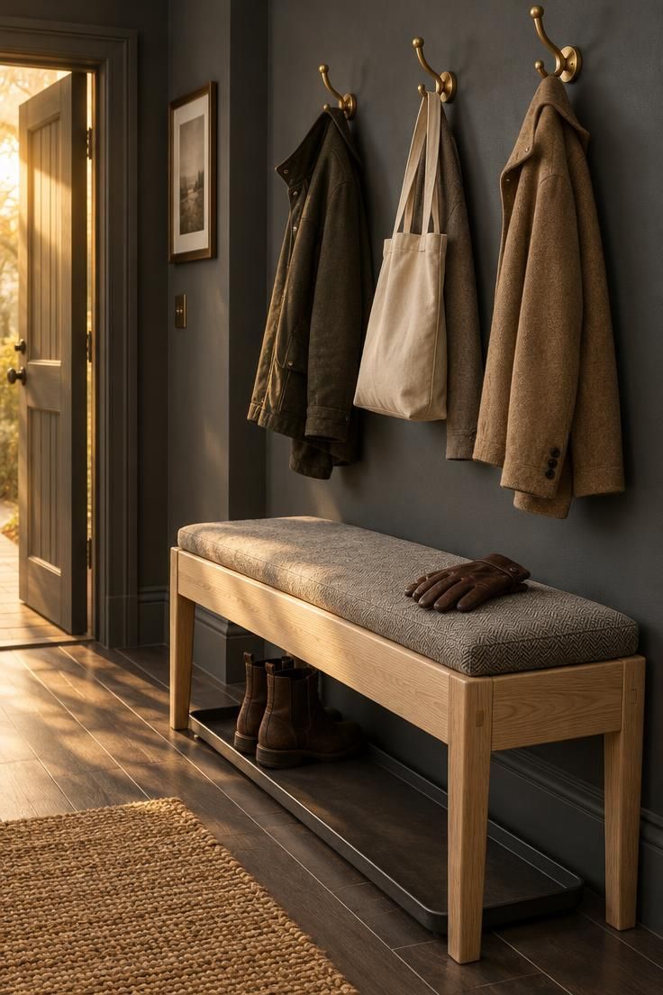 12 Dark Grey Hallway Ideas That Give a Shadowy Hall Depth 12 A narrow dark grey hallway with a pale oak bench holding a grey herringbone cushion, three brass coat hooks above with neutral jackets, a jute mat on dark tile, and a boot tray beneath the bench.