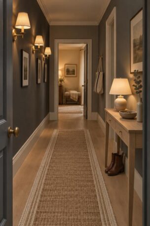 12 Dark Grey Hallway Ideas That Give a Shadowy Hall Depth 10 A cozy dusk view down a dark grey hallway with a pale oak floor, a jute and ivory runner, warm brass sconces on the left, an oak console with a cream lamp and dried eucalyptus on the right, and a softly lit room beyond a doorway at the far end.