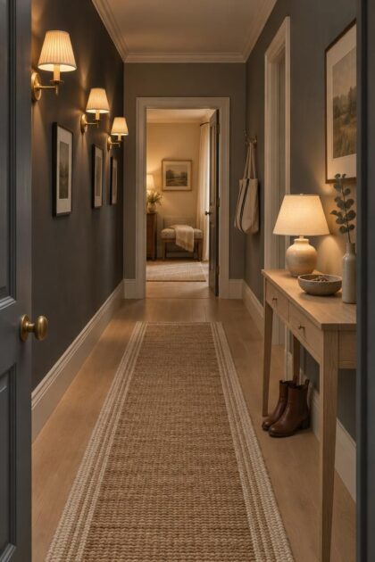 12 Dark Grey Hallway Ideas That Give a Shadowy Hall Depth A cozy dusk view down a dark grey hallway with a pale oak floor, a jute and ivory runner, warm brass sconces on the left, an oak console with a cream lamp and dried eucalyptus on the right, and a softly lit room beyond a doorway at the far end.