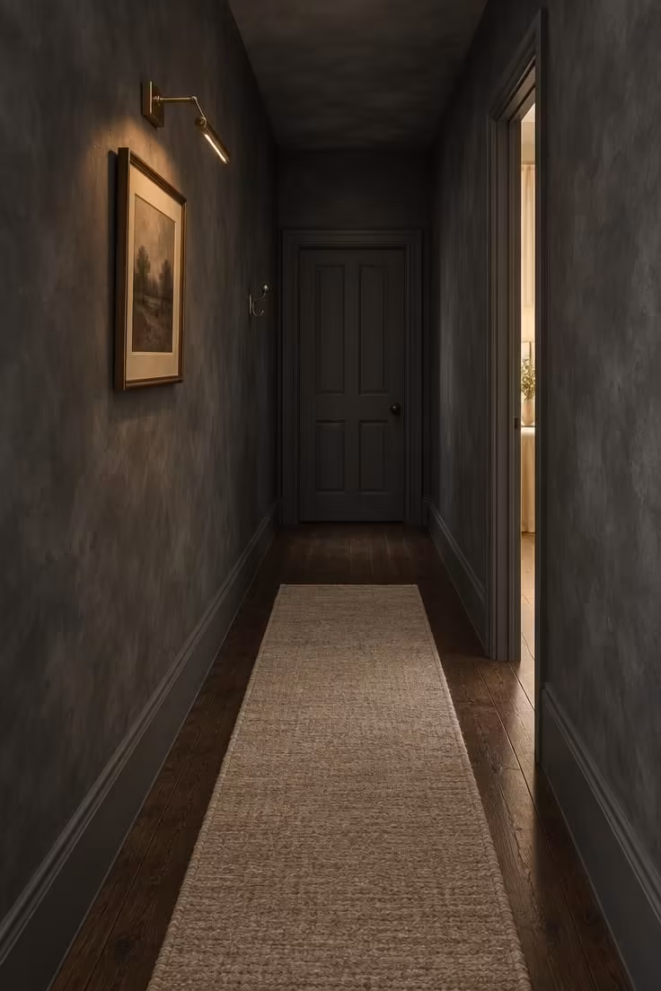 14 Warm Dark Hallway Ideas to Make a Bold Statement 1 Narrow corridor with soft charcoal limewash walls, an aged brass picture light over one framed work, dark stained floorboards, and an oatmeal runner ending short of a far door.