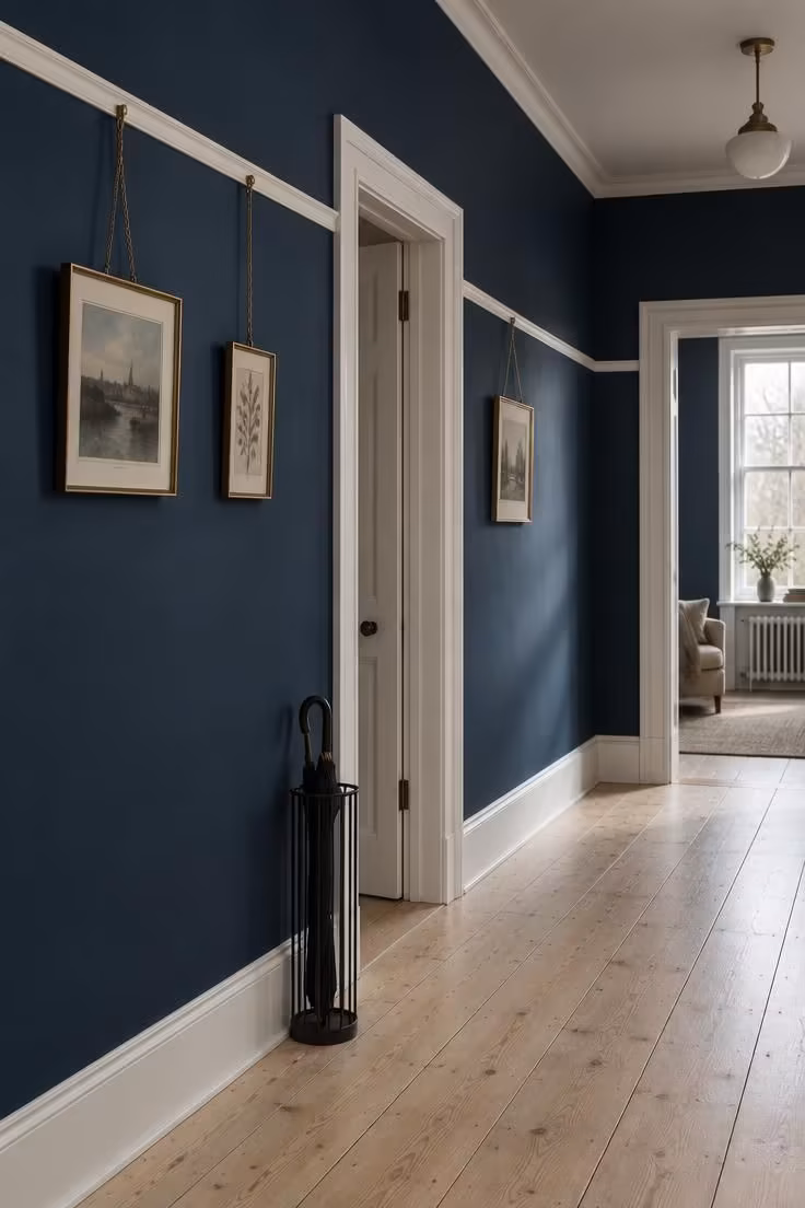 14 Warm Dark Hallway Ideas to Make a Bold Statement 2 Corridor with deep ink-blue walls, a chalky off-white picture rail running past two doors, small frames hung on chains, and pale bare floorboards.