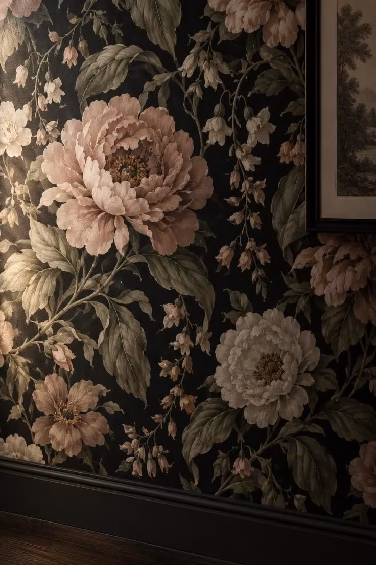 14 Warm Dark Hallway Ideas to Make a Bold Statement 3 Close detail of a dense botanical wallpaper on a near-black ground with oversized blooms, a slim dark frame overlapping the pattern, and skirting matched to the paper's ground.