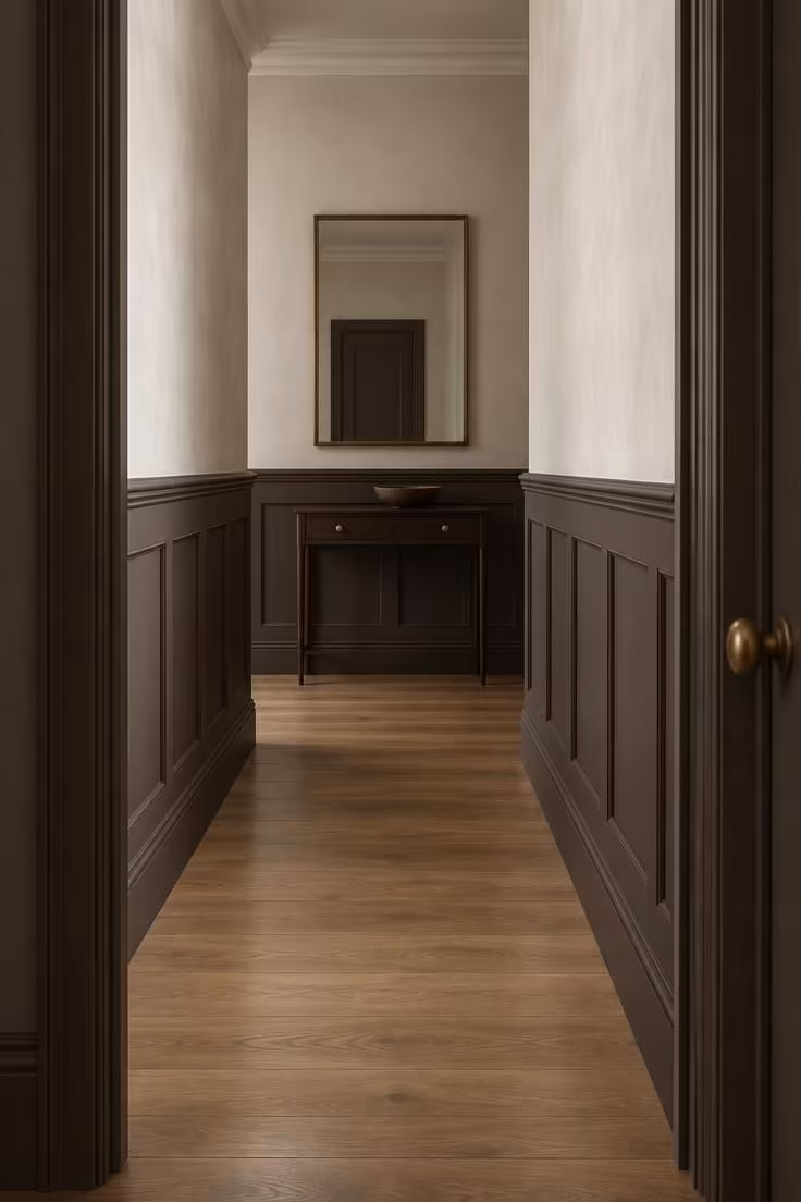14 Warm Dark Hallway Ideas to Make a Bold Statement 4 View through a doorway into a corridor with dark panelling to dado height, pale plaster above, and a slim console and mirror at the far end.