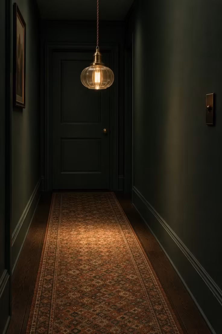 14 Warm Dark Hallway Ideas to Make a Bold Statement 5 Corridor with deep green walls and a low-hung brass and glass pendant casting a warm pool of light over a narrow patterned runner on dark timber.