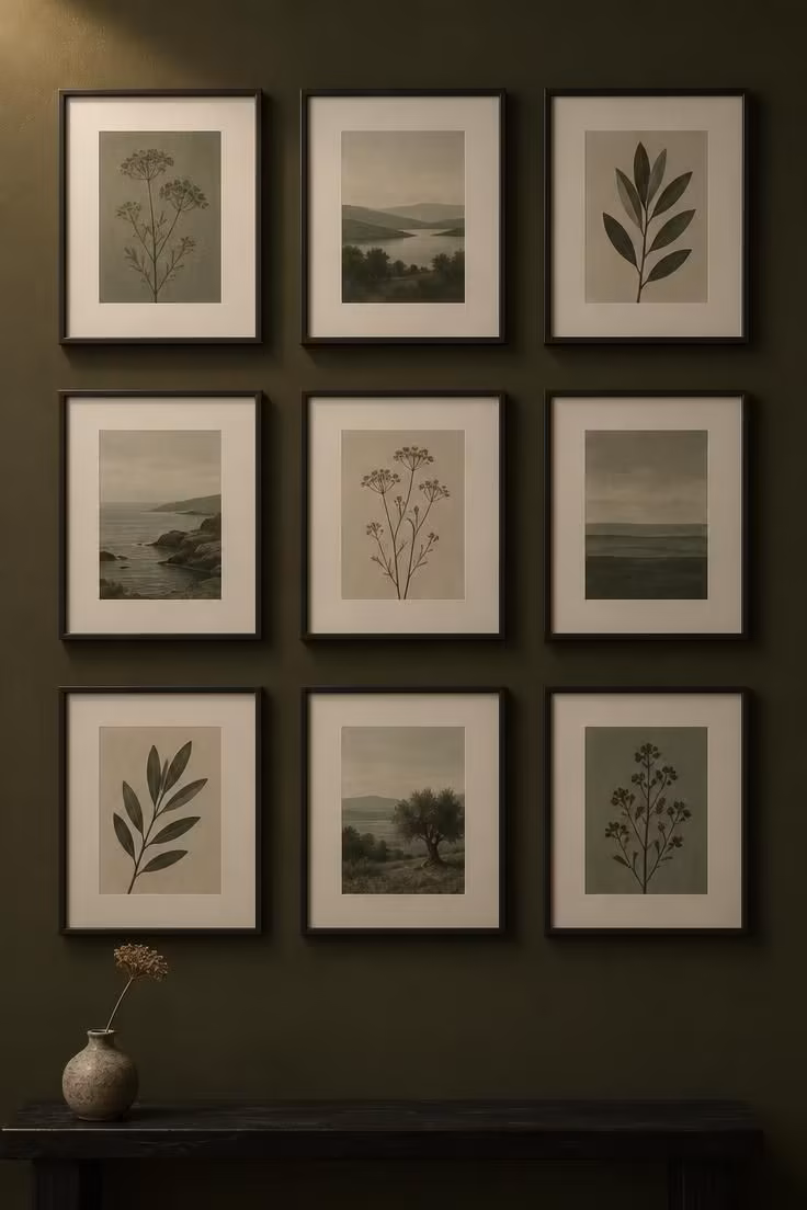 14 Warm Dark Hallway Ideas to Make a Bold Statement 6 Tight grid of identical slim frames on a deep olive wall above a low dark bench, with a dried stem in a stoneware vessel.