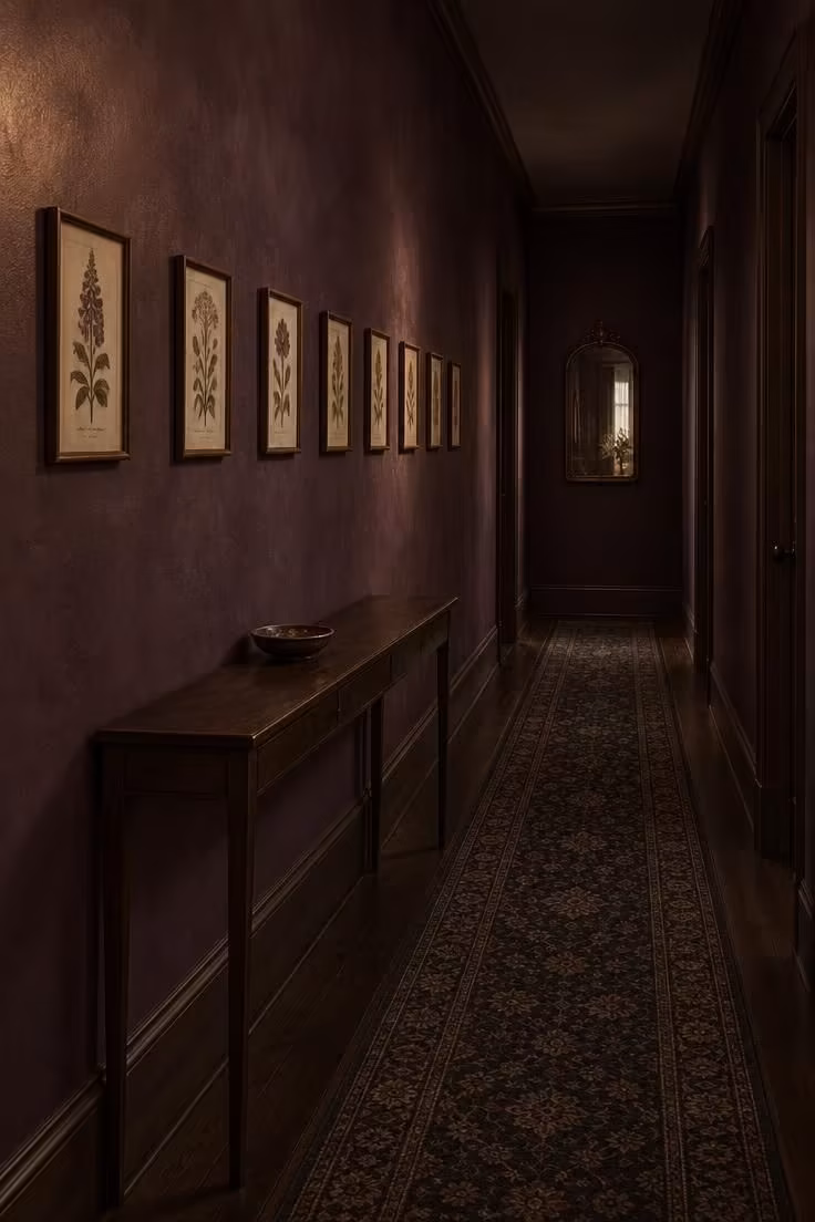 14 Warm Dark Hallway Ideas to Make a Bold Statement 7 Corridor with deep aubergine walls, a row of small botanical prints in thin walnut frames, a slim dark console, and a dark runner running the full length.