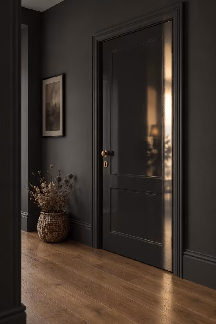 14 Warm Dark Hallway Ideas to Make a Bold Statement 8 Corridor with matte charcoal walls and a high-gloss lacquered door in a deeper charcoal, with brass door furniture and mid-tone oak flooring.