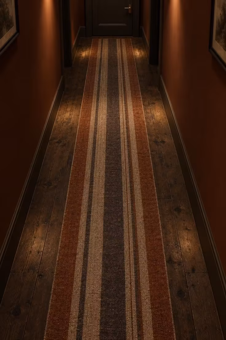 14 Warm Dark Hallway Ideas to Make a Bold Statement 9 Overhead view of a long striped hall runner over reclaimed dark timber boards, with deep walls at both edges and a brass handle at the far door.