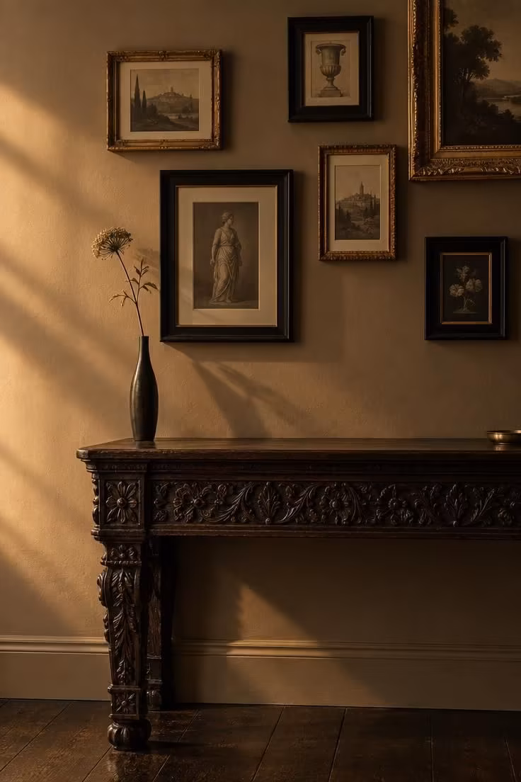 14 Warm Dark Hallway Ideas to Make a Bold Statement 10 Carved dark timber console against a mushroom wall below a loose cluster of mismatched gilt and ebonised frames, with one stem in a slender vase.