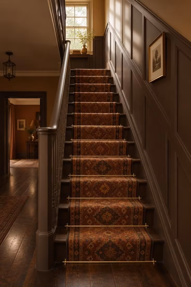 14 Warm Dark Hallway Ideas to Make a Bold Statement 11 Lower hall looking up a staircase with a warm patterned stair runner on brass rods and a dark panelled stair wall lit from a landing window.