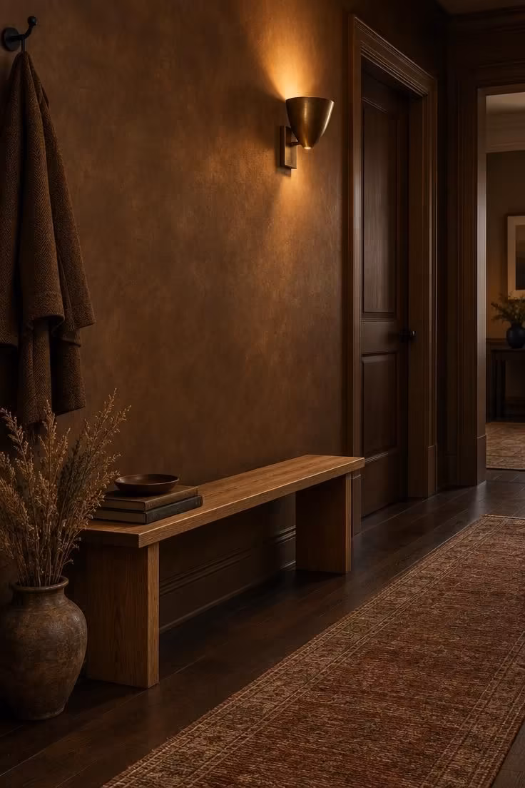 14 Warm Dark Hallway Ideas to Make a Bold Statement 14 A dark hallway wall finished in bronze limewash with warm uplight from a brass sconce, a narrow oak bench, woven rust runner, and dried grasses in a ceramic vase.