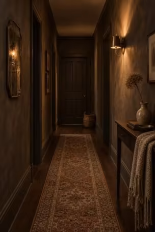 Cozy night view down a dark charcoal corridor with a rust and oatmeal runner, a foxed vintage mirror, a slim console with a dried stem, and an aged brass sconce.
