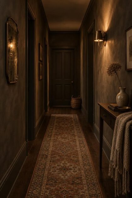 14 Warm Dark Hallway Ideas to Make a Bold Statement Cozy night view down a dark charcoal corridor with a rust and oatmeal runner, a foxed vintage mirror, a slim console with a dried stem, and an aged brass sconce.