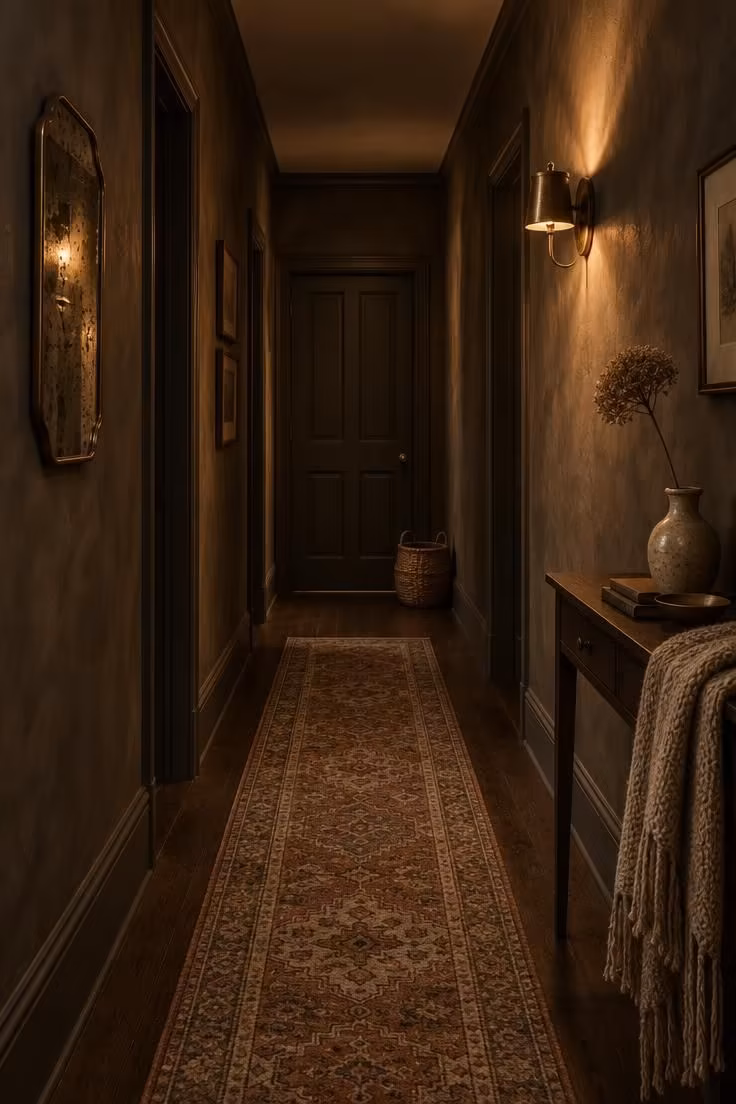 Simple Spaces 18 Cozy night view down a dark charcoal corridor with a rust and oatmeal runner, a foxed vintage mirror, a slim console with a dried stem, and an aged brass sconce.