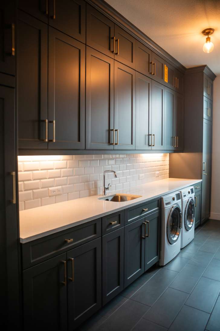 11 Beautiful Dark Laundry Room Ideas That Spark Instant Joy 1 Matte black laundry room cabinets with brass hardware and white quartz countertop