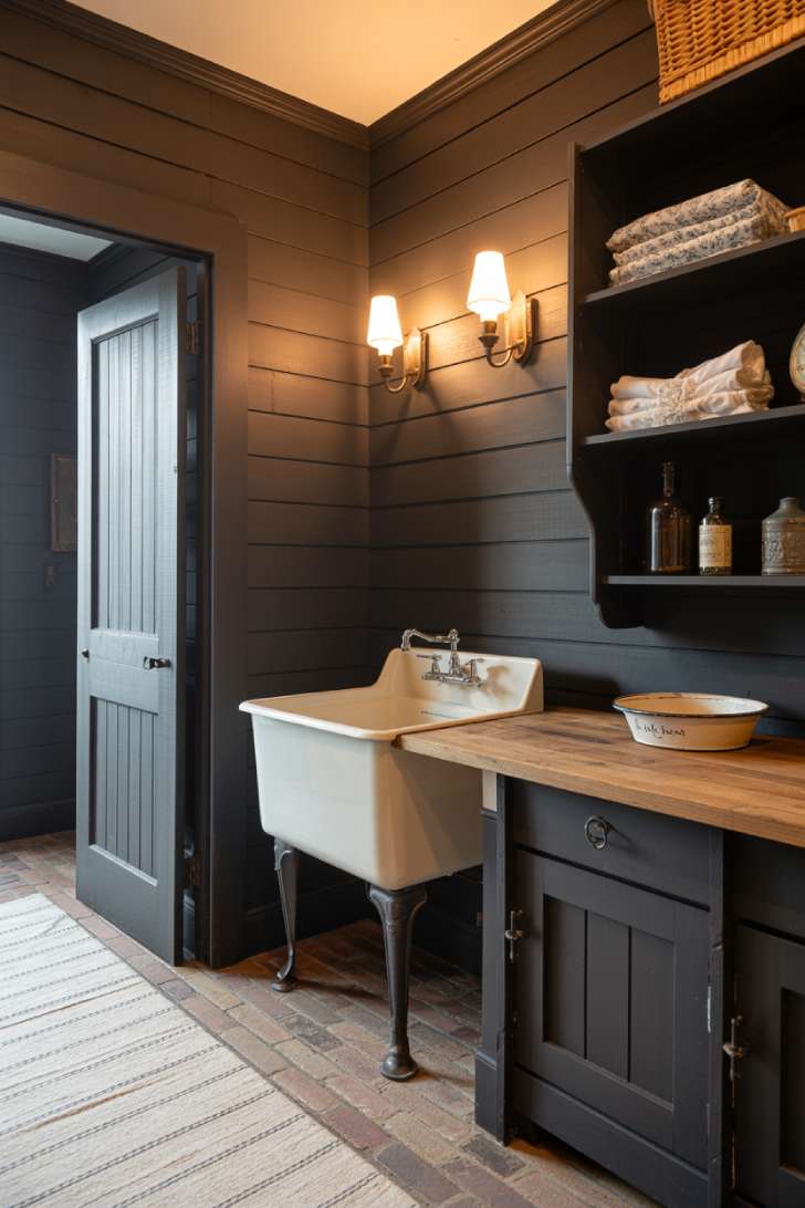 11 Beautiful Dark Laundry Room Ideas That Spark Instant Joy 10 Black shiplap laundry room with antique brass sconces, brick floor, and reclaimed wood shelving