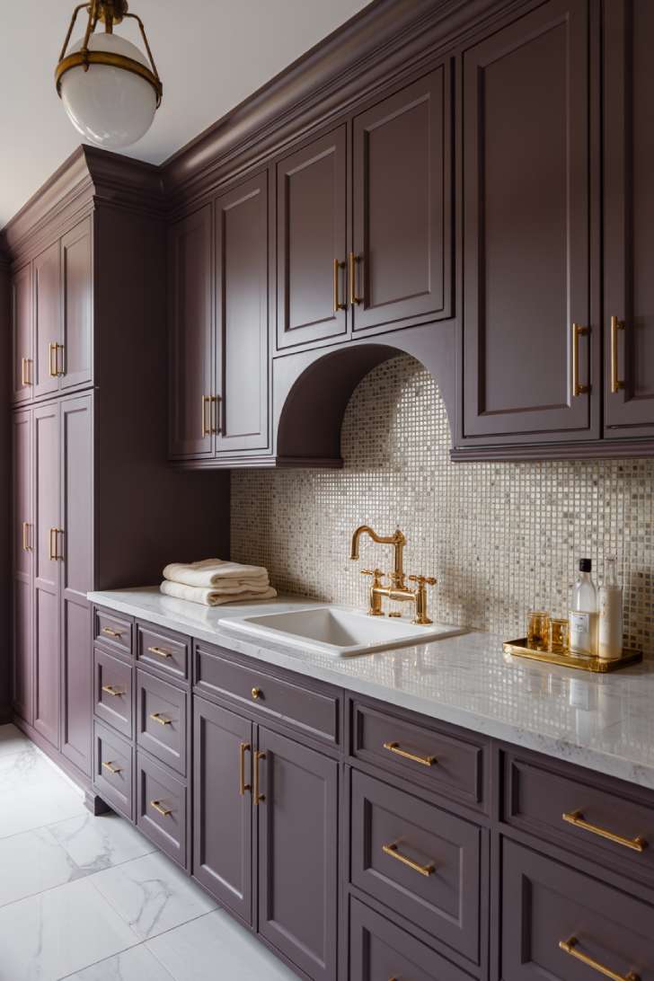 11 Beautiful Dark Laundry Room Ideas That Spark Instant Joy 11 Deep plum laundry room cabinets with white marble countertop, gold hardware, and mosaic tile backsplash