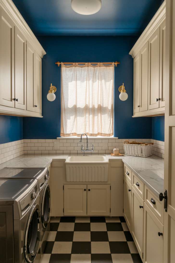 11 Beautiful Dark Laundry Room Ideas That Spark Instant Joy 2 Deep navy laundry room walls with white shaker cabinets and black and white tile floor