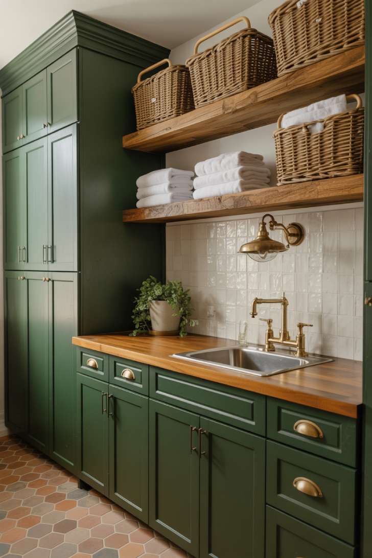 11 Beautiful Dark Laundry Room Ideas That Spark Instant Joy 3 Dark green laundry room with butcher block countertop and rattan baskets on reclaimed wood shelves