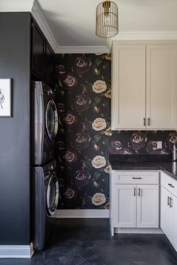 11 Beautiful Dark Laundry Room Ideas That Spark Instant Joy 4 Charcoal laundry room with dark floral wallpaper accent wall and brass pendant light
