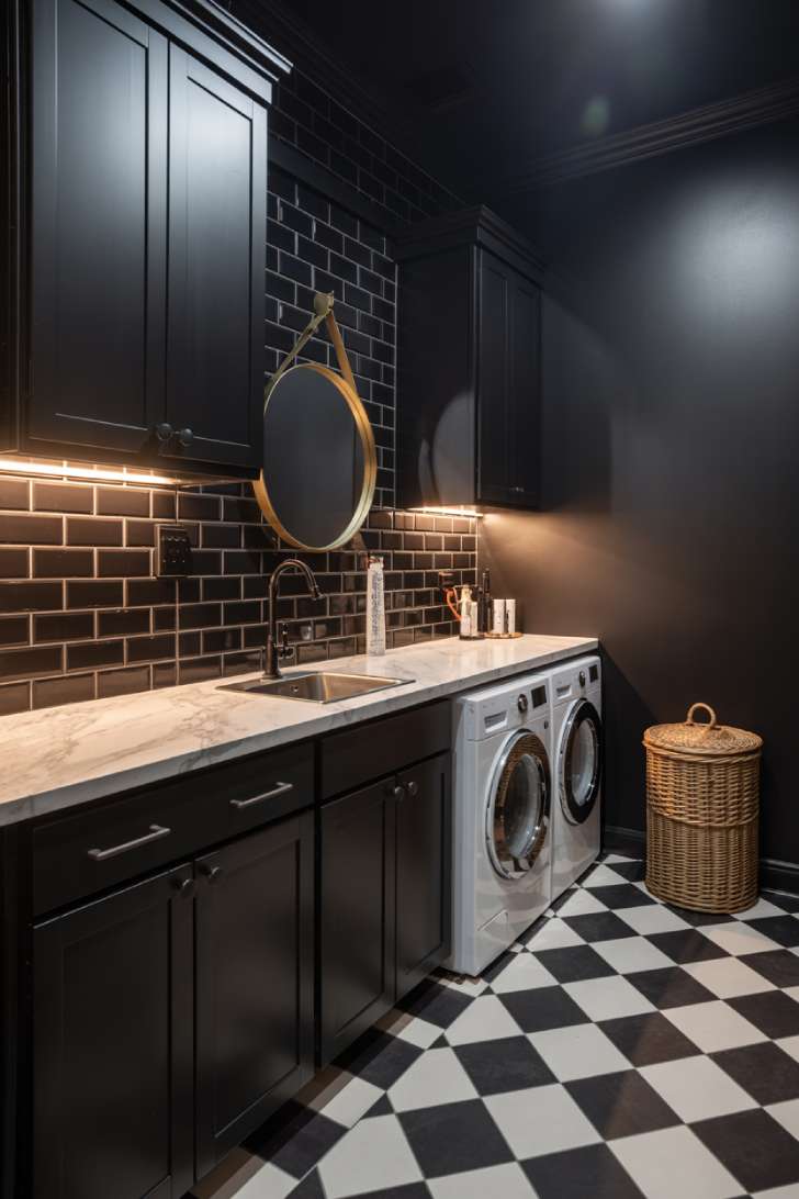 11 Beautiful Dark Laundry Room Ideas That Spark Instant Joy 5 All-black laundry room with black and white tile floor, white marble countertop, and brass mirror