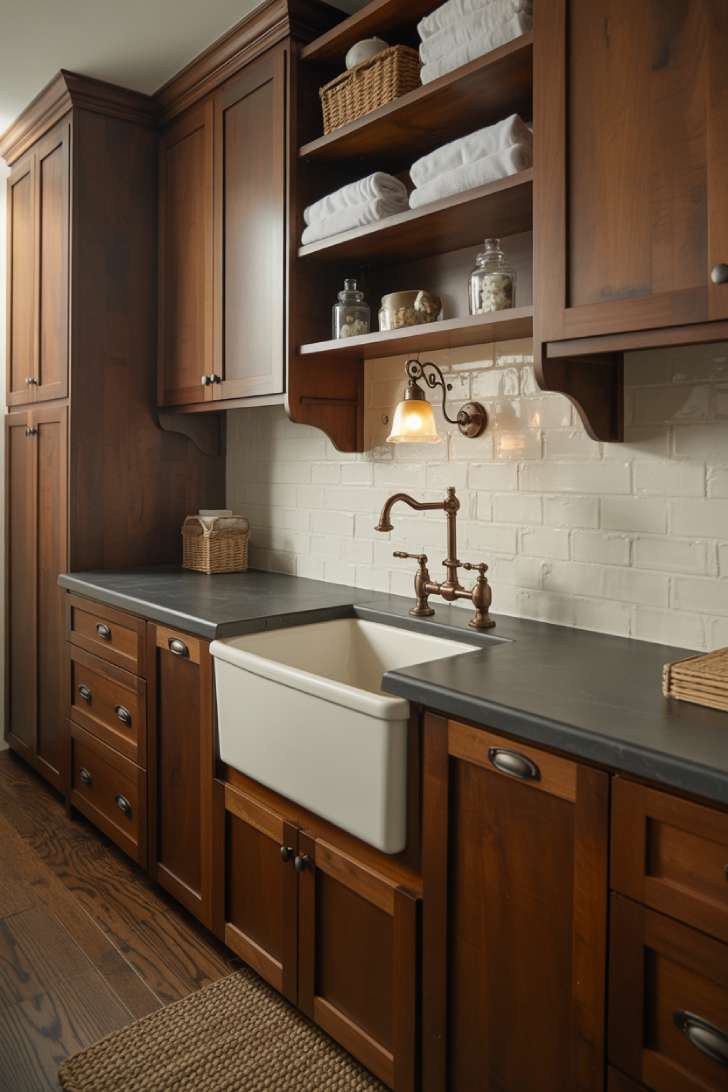 11 Beautiful Dark Laundry Room Ideas That Spark Instant Joy 6 Dark wood laundry room cabinets with farmhouse sink and black soapstone countertop