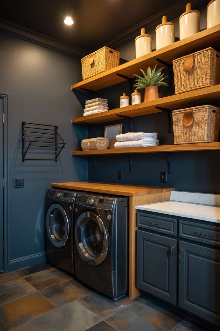 11 Beautiful Dark Laundry Room Ideas That Spark Instant Joy 9 Charcoal laundry room with warm oak floating shelves, woven baskets, and matte black drying rack