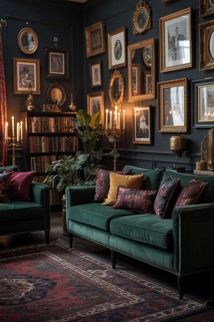 Dark maximalist living room with emerald velvet sofas, gallery wall, and warm brass lighting