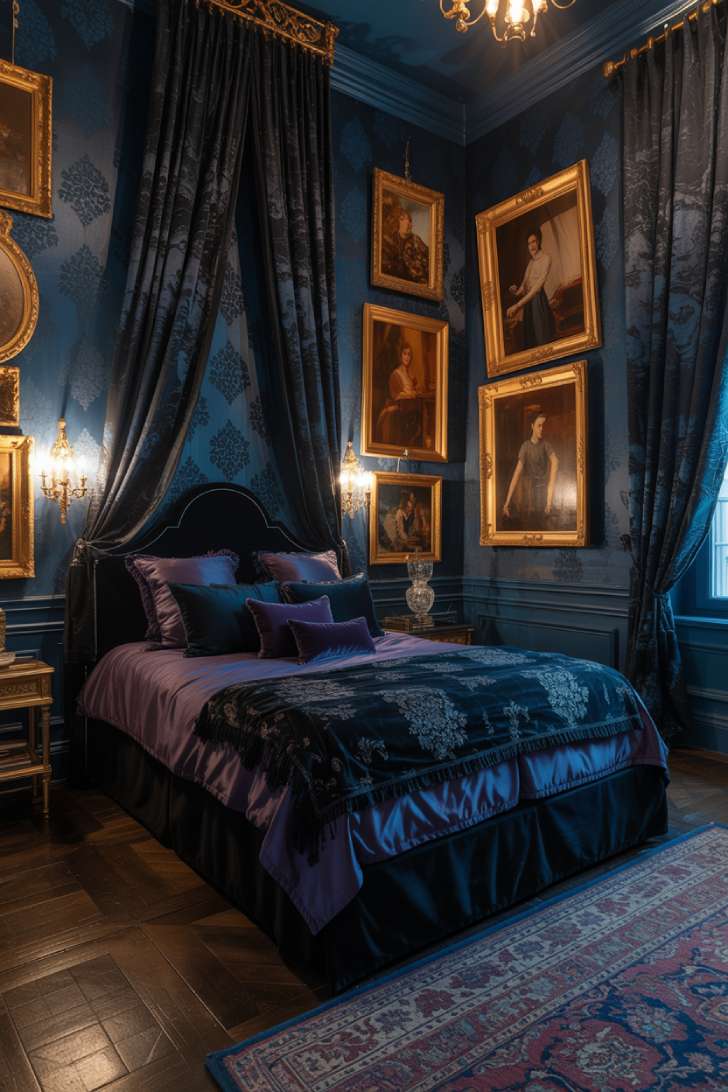 Dark sapphire blue maximalist bedroom with four-poster bed, gilded frames, and brocade curtains