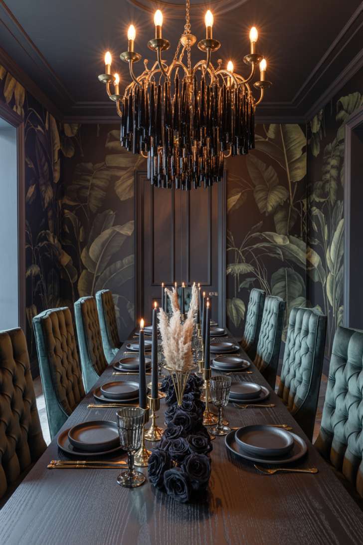 Dark botanical wallpaper dining room with black ceiling, forest green velvet chairs, and candelabra chandelier