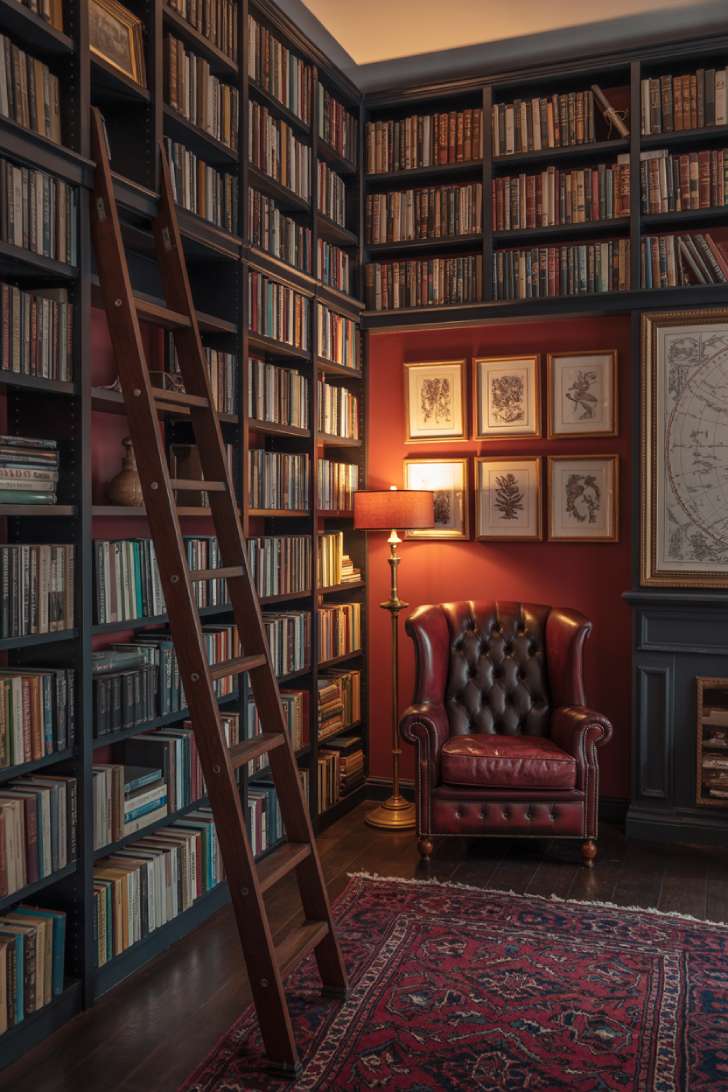 Dark maximalist home library with mahogany bookshelves, oxblood walls, burgundy chesterfield, and rolling ladder