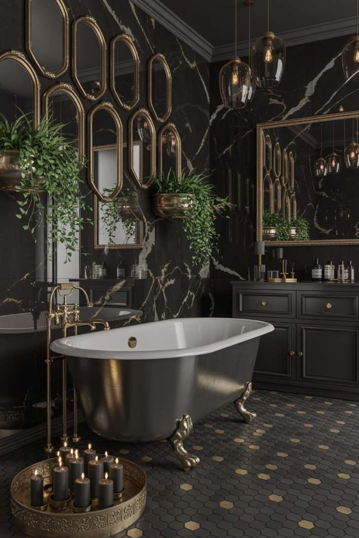 Black marble maximalist bathroom with freestanding matte black clawfoot tub, gilded mirrors, and trailing plants