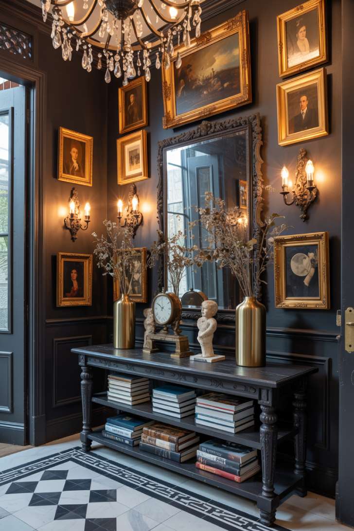 Dark navy maximalist entryway with antique mirrors, oil paintings, console table, and crystal chandelier