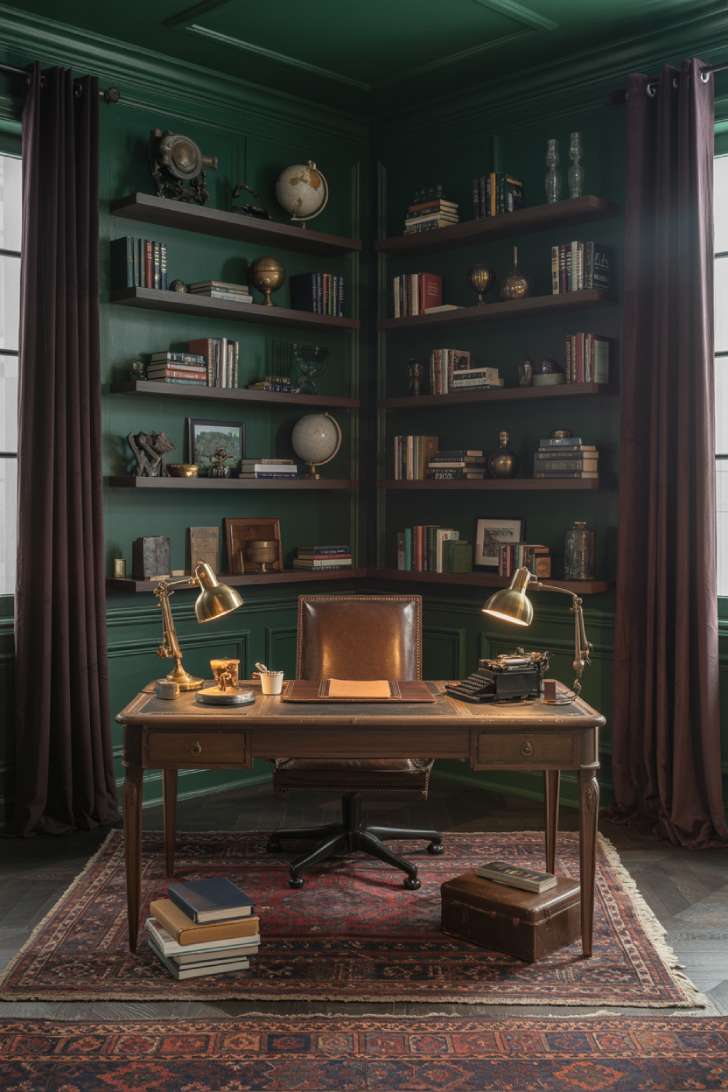 Dark forest green maximalist home office with built-in walnut shelving, leather desk, Persian rug, and plum curtains