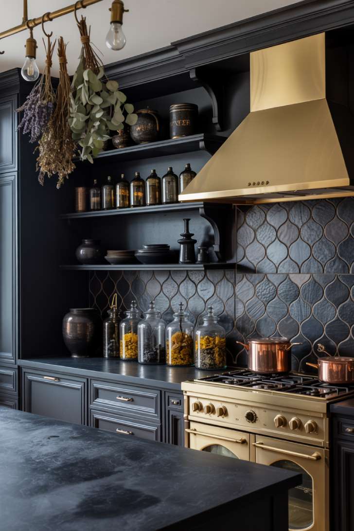 Dark maximalist kitchen with matte black cabinets, brass hardware, Moroccan tile backsplash, and hanging dried botanicals