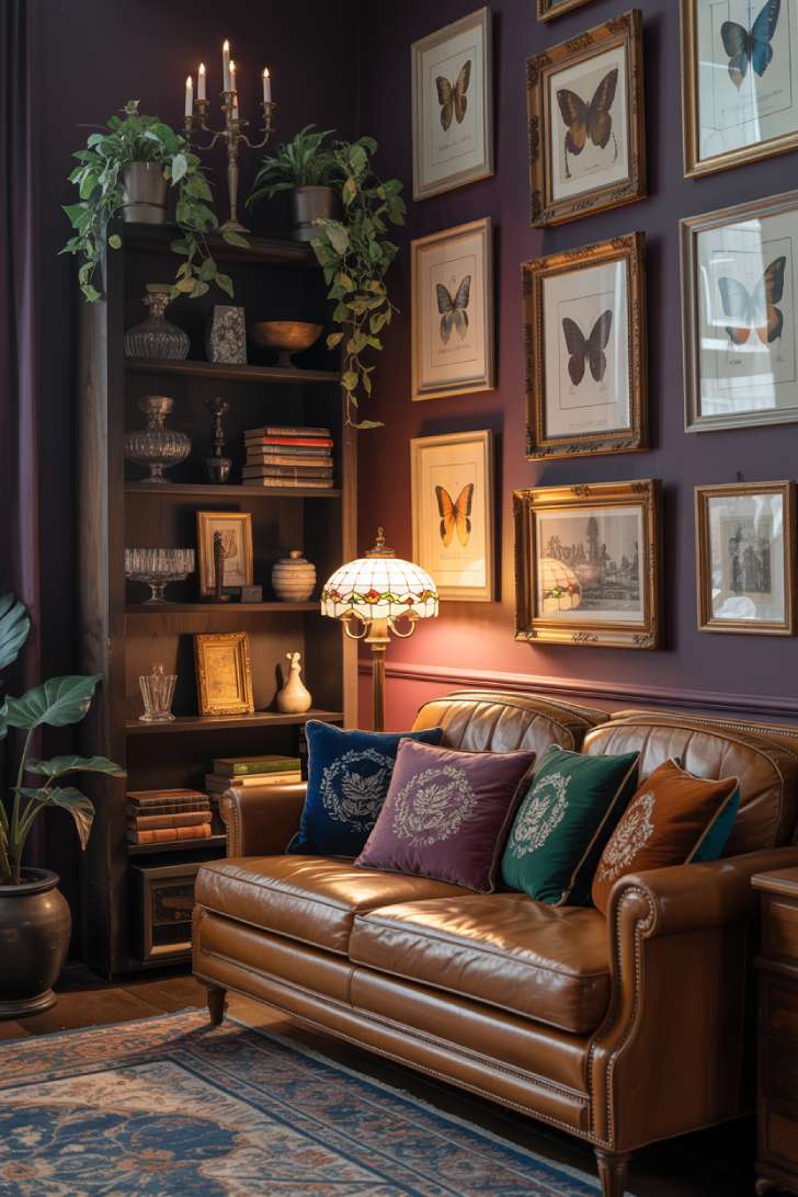 Dark plum maximalist living room corner with cognac leather sofa, jewel-tone cushions, étagère, and stained glass lamp