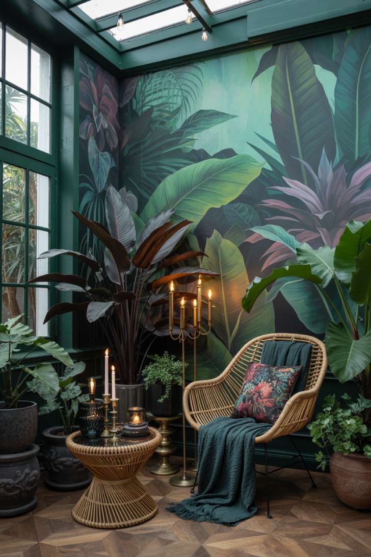 Dark jungle green maximalist sunroom with tropical botanical mural, rattan furniture, jewel-tone textiles, and dark-leafed plants
