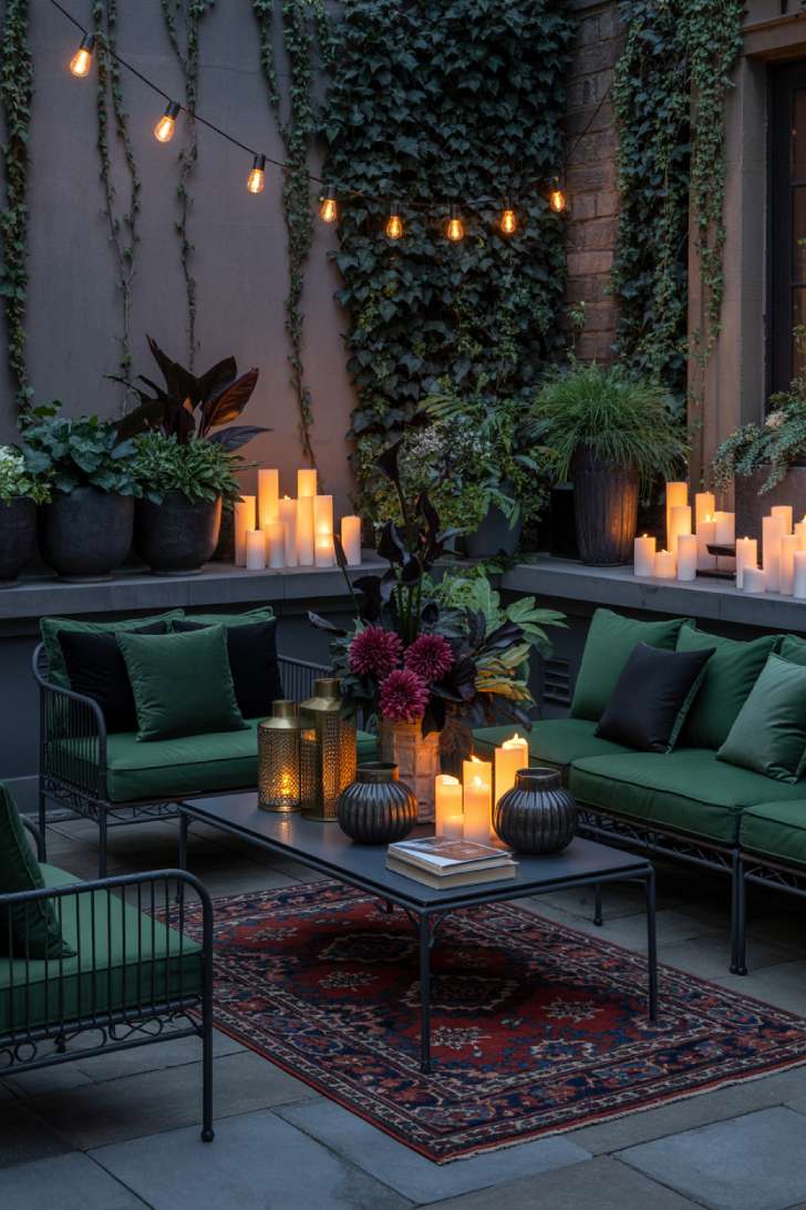 Dark maximalist outdoor terrace with dark iron furniture, climbing ivy, candle clusters, deep red rug, and black calla lily arrangement