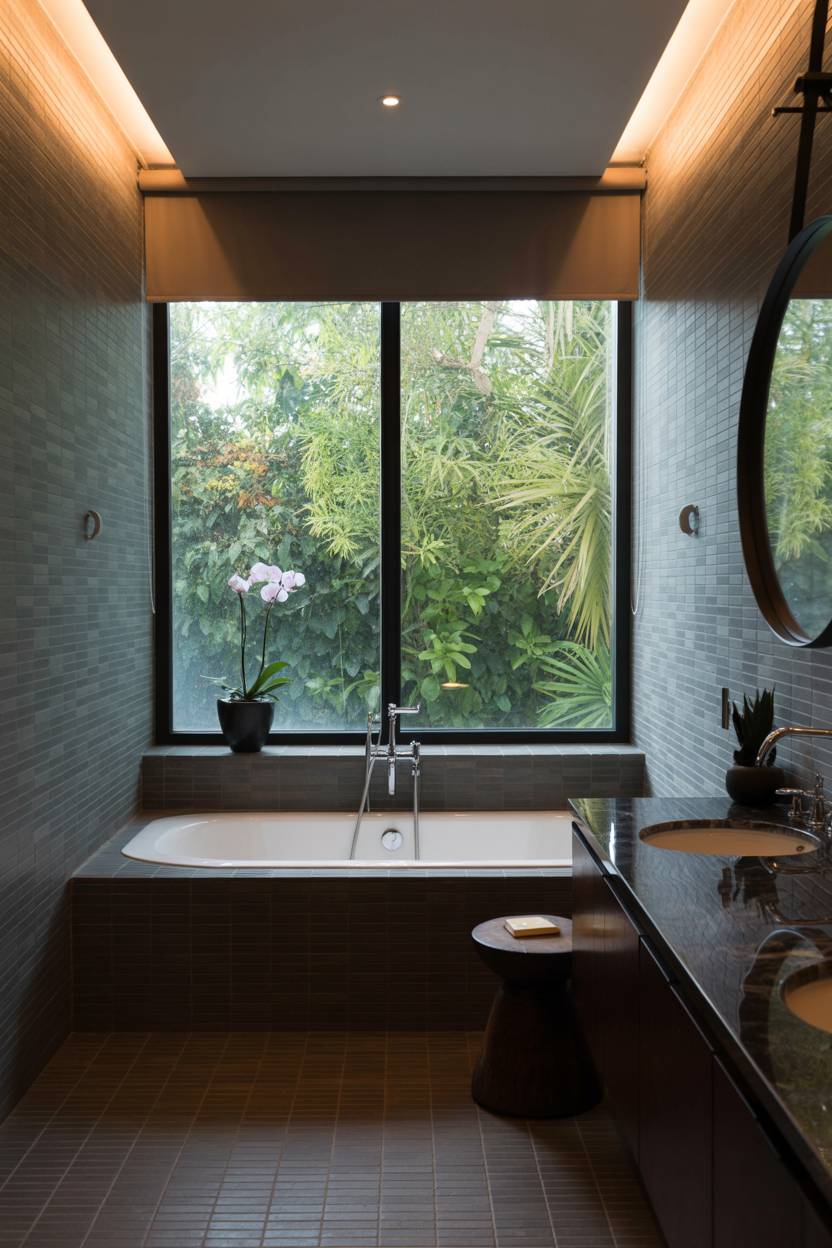 25 Dark Modern Bathroom Ideas for a Bold, Sleek Look 1 Modern bathroom featuring dark grey tiles, freestanding soaking tub positioned by panoramic window overlooking lush garden with orchid on windowsill