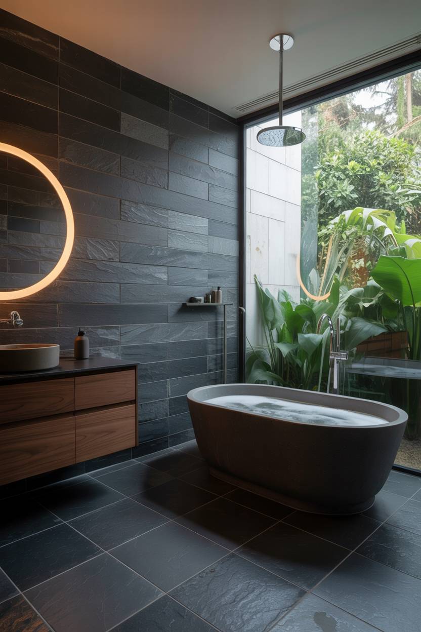 25 Dark Modern Bathroom Ideas for a Bold, Sleek Look 2 Dark gray slate bathroom with oval freestanding tub in corner, chrome fixtures, and window view of green garden