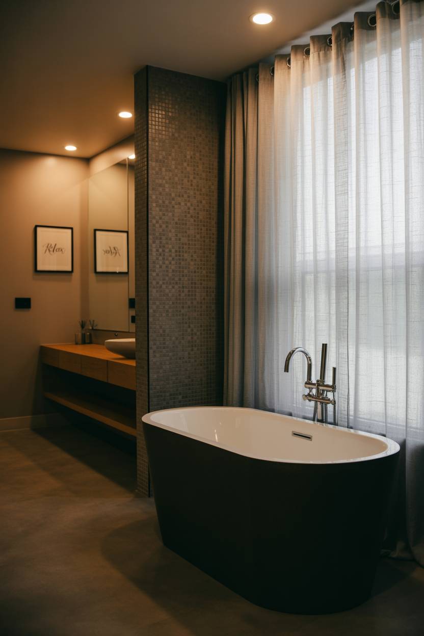 25 Dark Modern Bathroom Ideas for a Bold, Sleek Look 3 Modern bathroom with matte black freestanding tub, chrome faucet, dark grey tiled accent wall, and floating wooden vanity