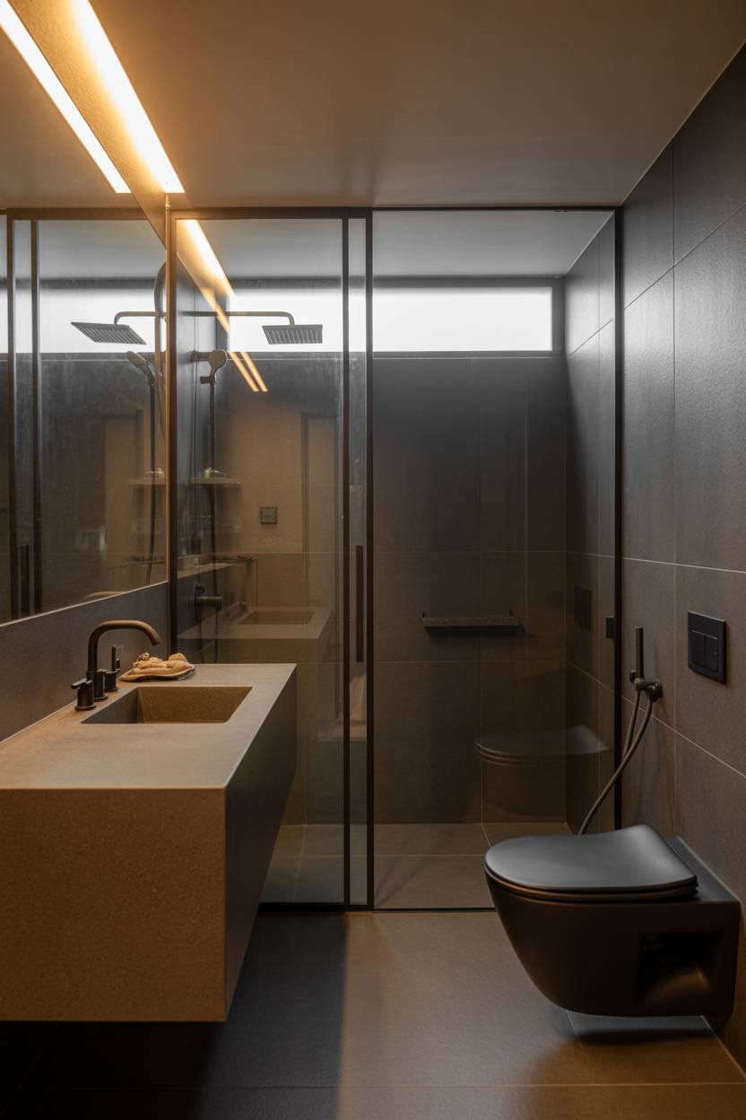 25 Dark Modern Bathroom Ideas for a Bold, Sleek Look 4 Sleek modern bathroom with floating vanity, square sink, matte black faucet, frameless glass shower, and rain showerhead