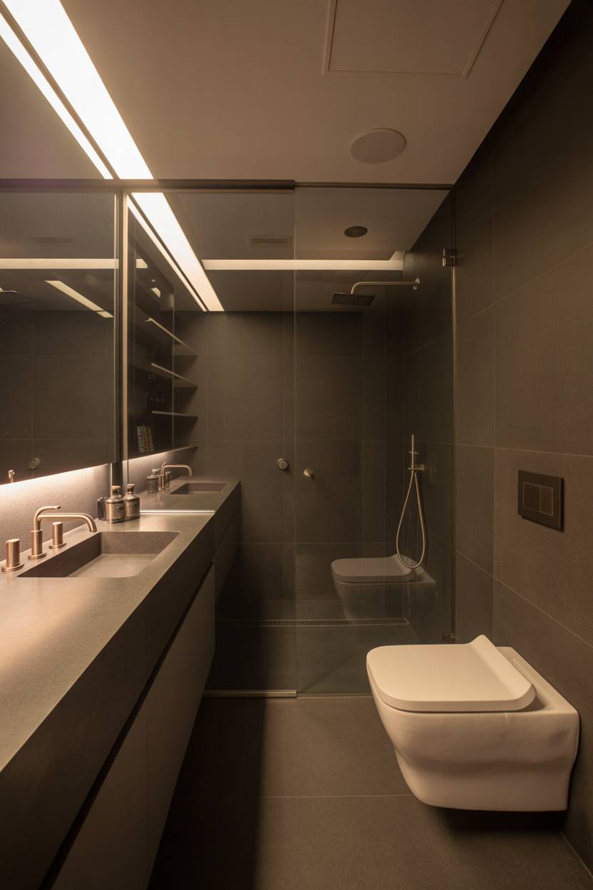25 Dark Modern Bathroom Ideas for a Bold, Sleek Look 5 Modern bathroom featuring floating vanity with rectangular sink, brushed nickel fixtures, glass-enclosed corner shower with rainfall head