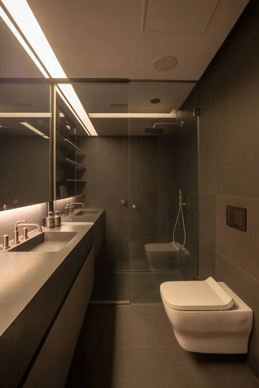 25 Dark Modern Bathroom Ideas for a Bold, Sleek Look 5 Modern bathroom featuring floating vanity with rectangular sink, brushed nickel fixtures, glass-enclosed corner shower with rainfall head